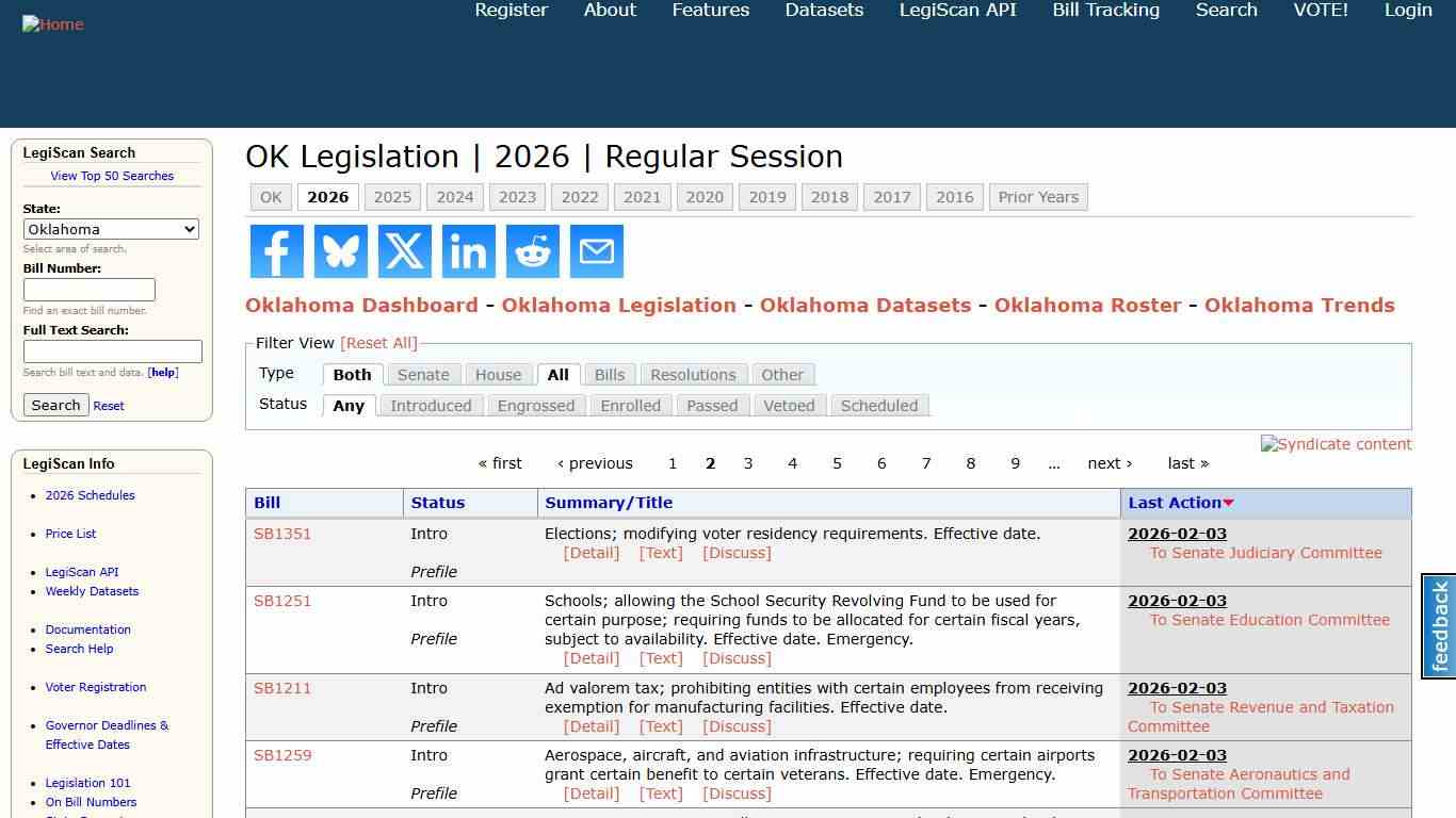 OK Legislation 2026 Regular Session LegiScan